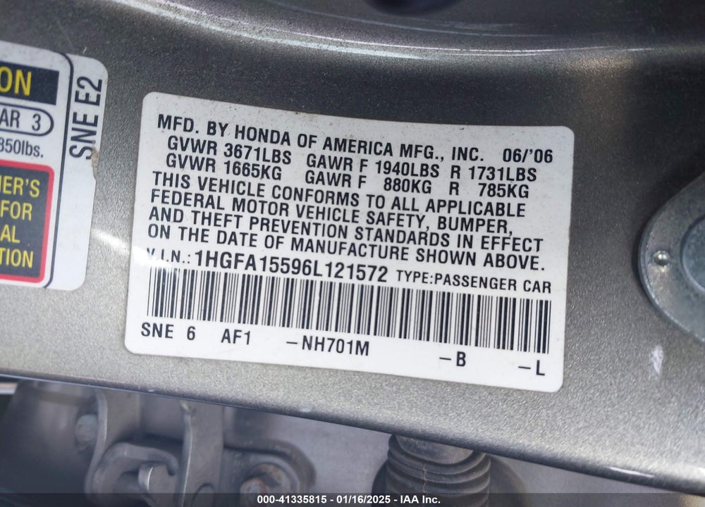 2006 HONDA CIVIC VIN: 1HGFA15596L121572