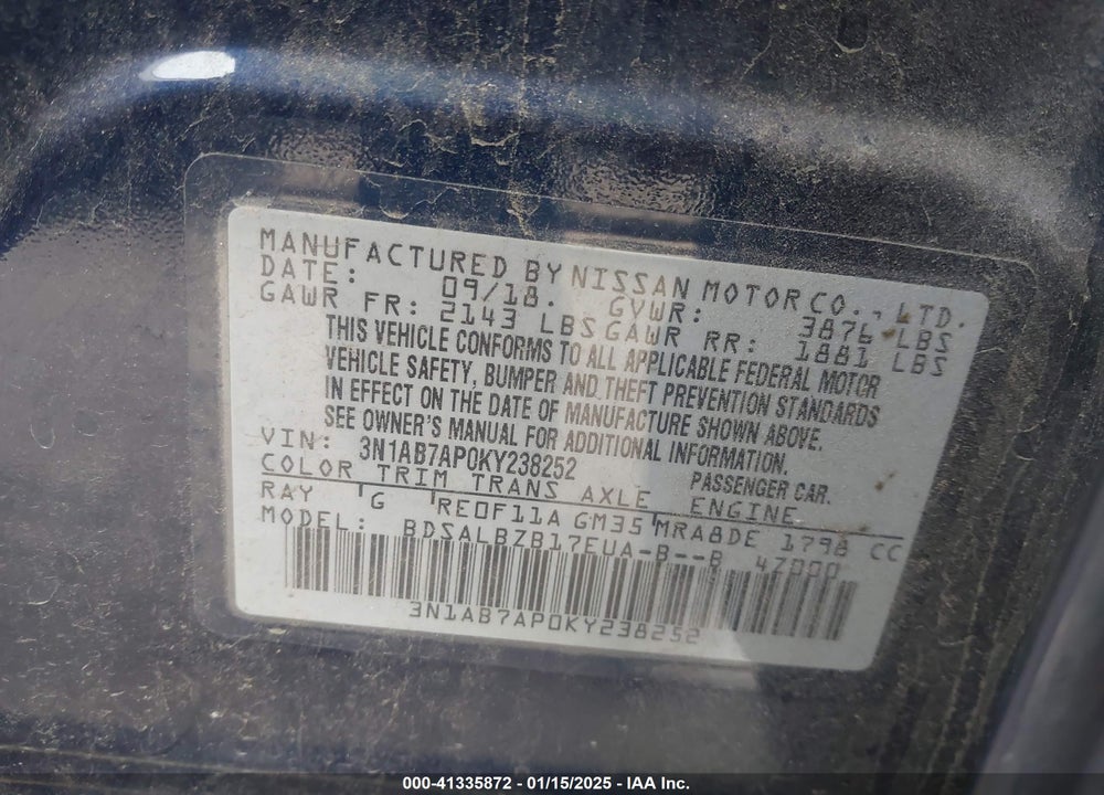 2019 NISSAN SENTRA VIN: 3N1AB7AP0KY238252