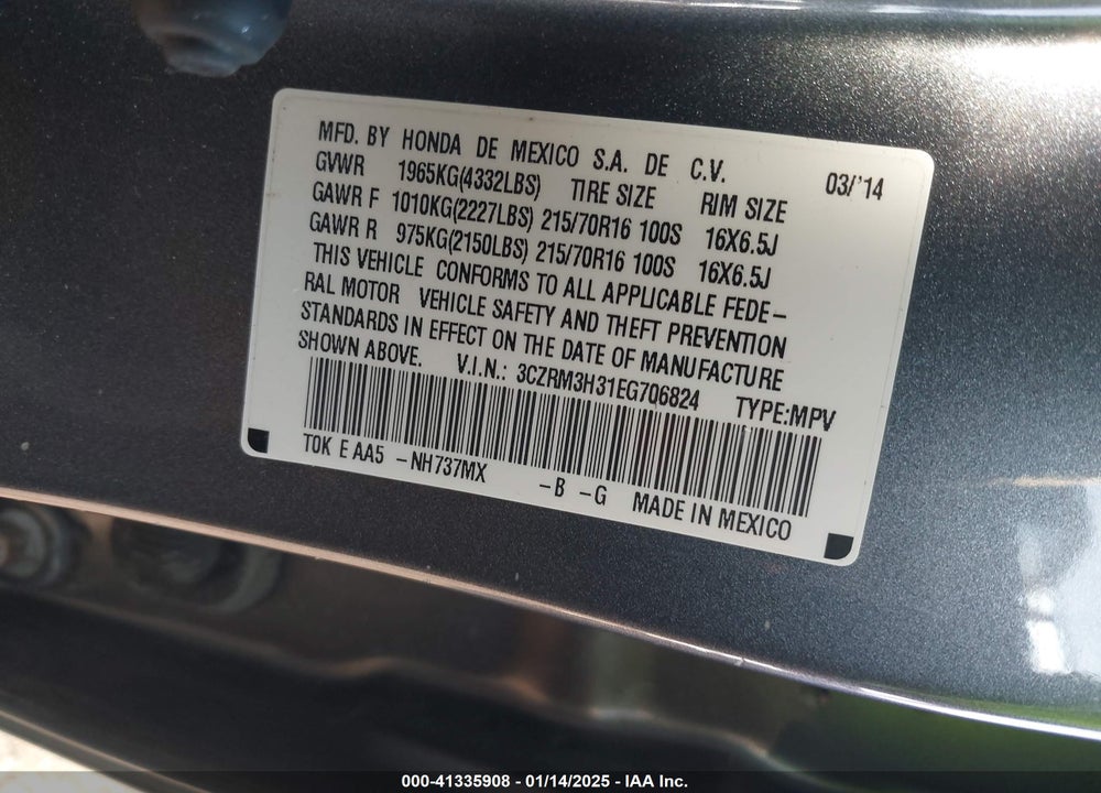 2014 HONDA CR-V LX VIN: 3CZRM3H31EG706824