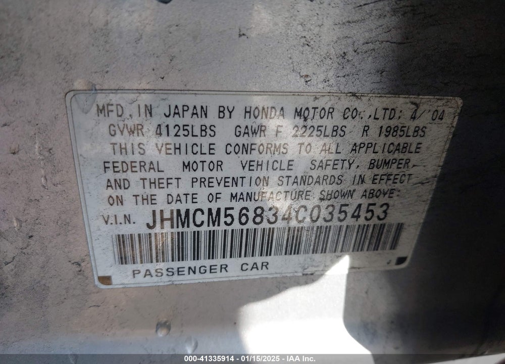 2004 HONDA ACCORD 2.4 EX VIN: JHMCM56834C035453
