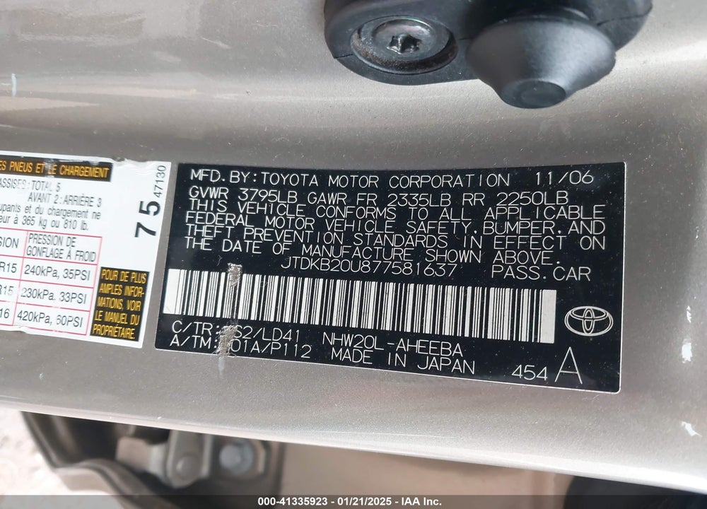 2007 TOYOTA PRIUS VIN: JTDKB20U877581637