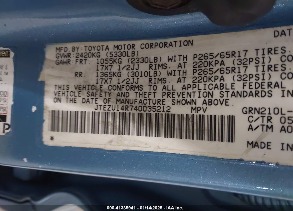 2004 TOYOTA 4RUNNER SR5 V6 VIN: JTEZU14R740035212