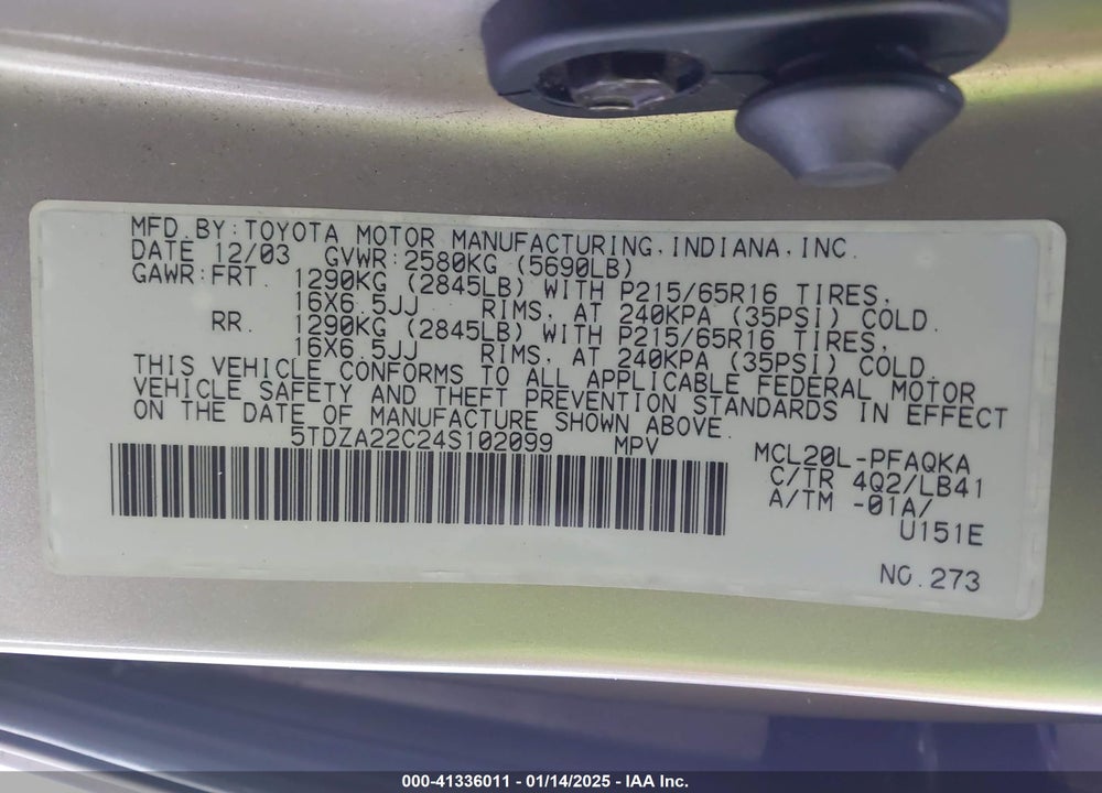2004 TOYOTA SIENNA XLE VIN: 5TDZA22C24S102099