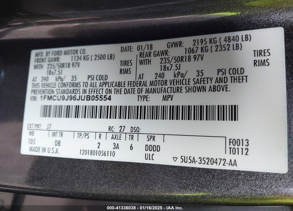 2018 FORD ESCAPE TITANIUM VIN: 1FMCU9J96JUB05554