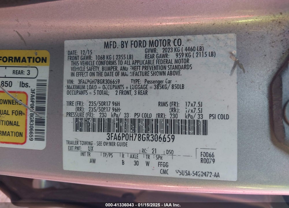 2016 FORD FUSION VIN: 3FA6P0H78GR306659