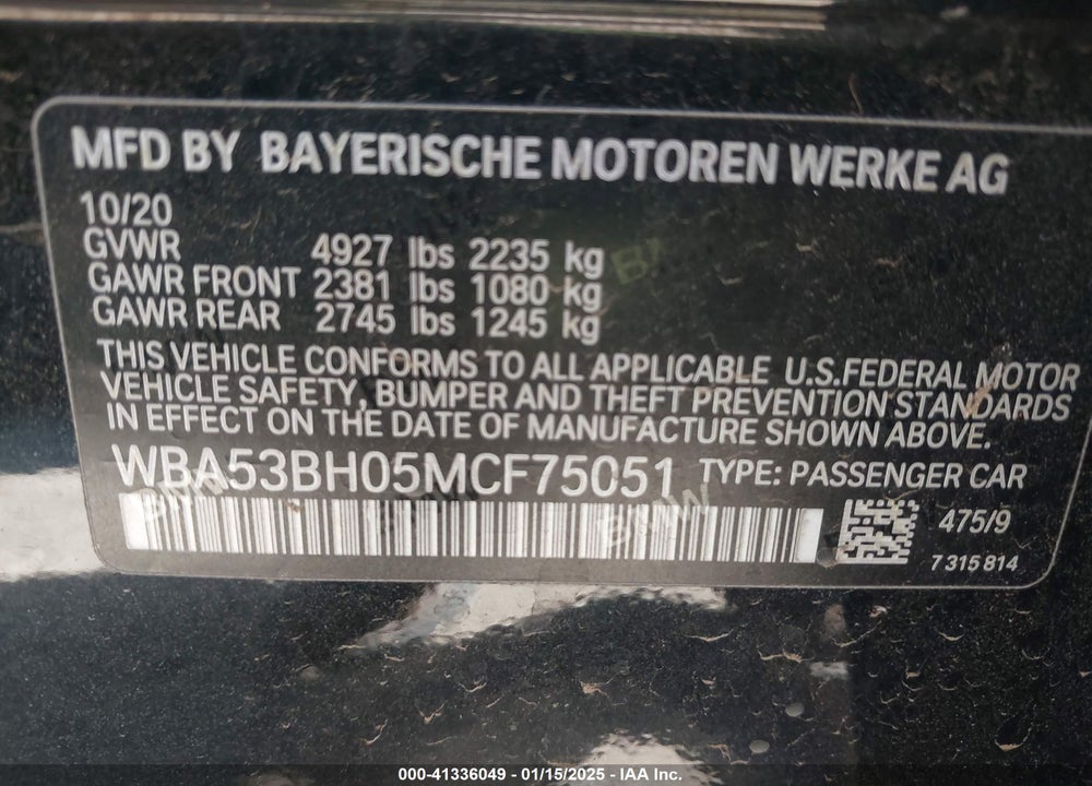 2021 BMW 530I VIN: WBA53BH05MCF75051