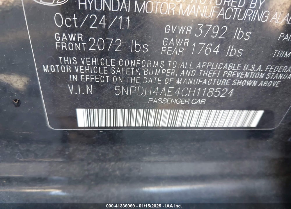 2012 HYUNDAI ELANTRA VIN: 5NPDH4AE4CH118524