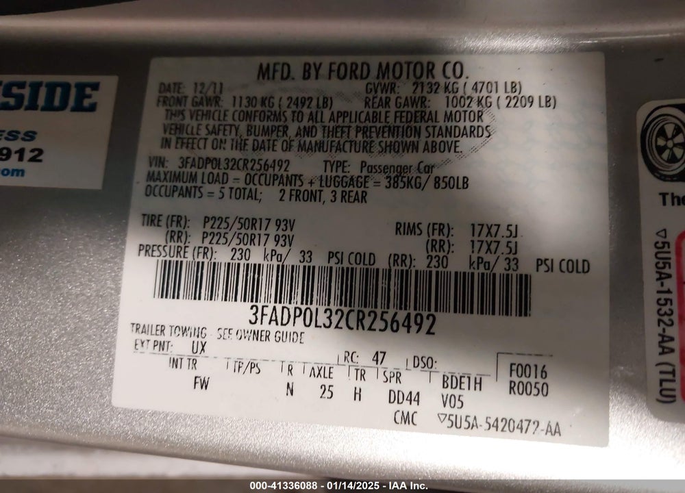 2012 FORD FUSION HYBRID VIN: 3FADP0L32CR256492