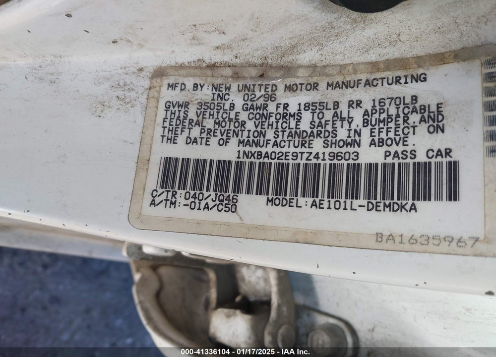 1996 TOYOTA COROLLA VIN: 1NXBA02E9TZ419603