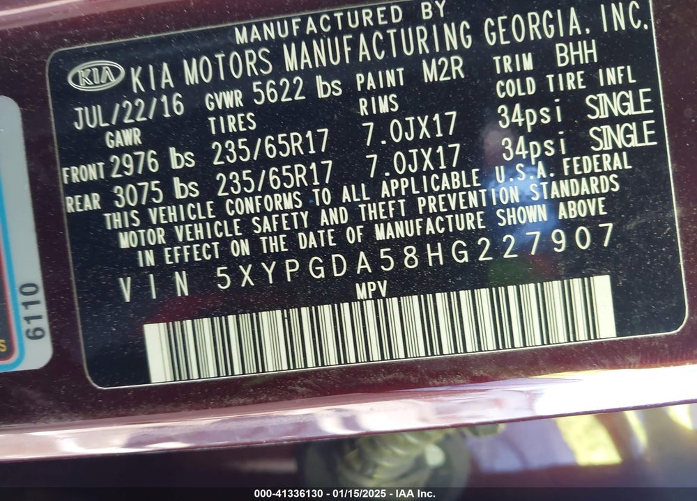 2017 KIA SORENTO 3.3L LX VIN: 5XYPGDA58HG227907