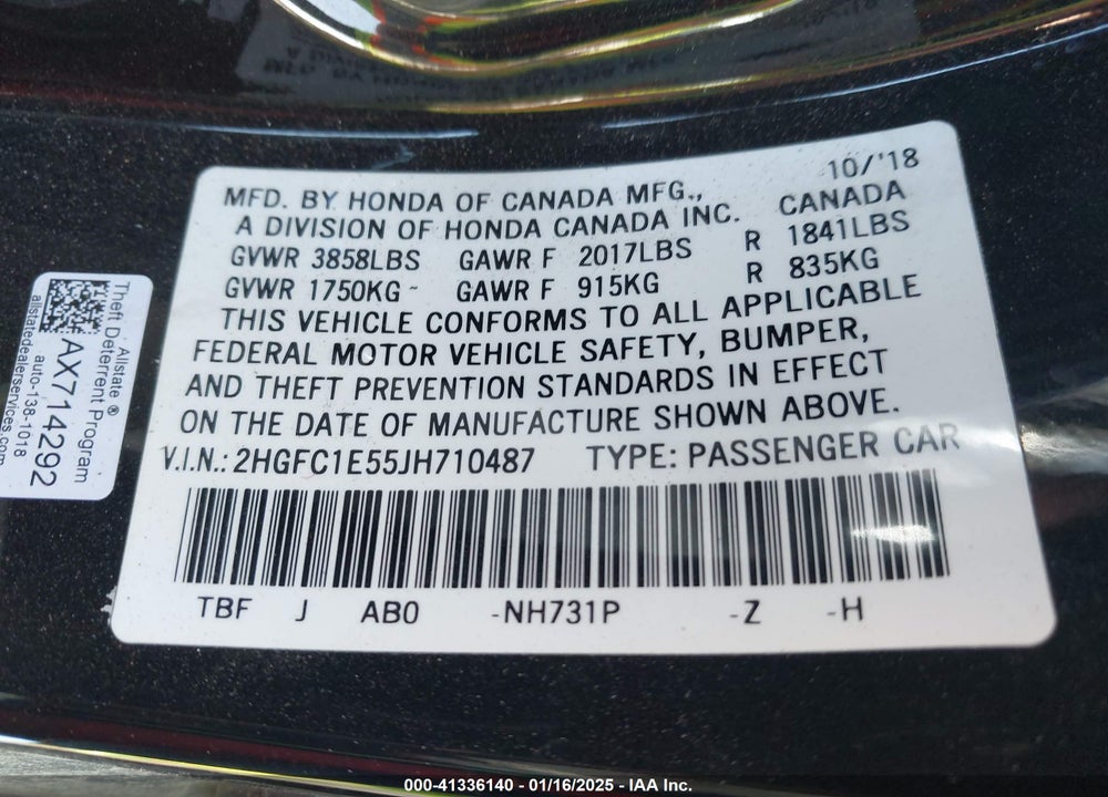 2018 HONDA CIVIC VIN: 2HGFC1E55JH710487
