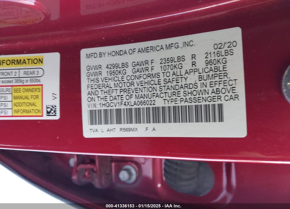 2020 HONDA ACCORD VIN: 1HGCV1F4XLA066022