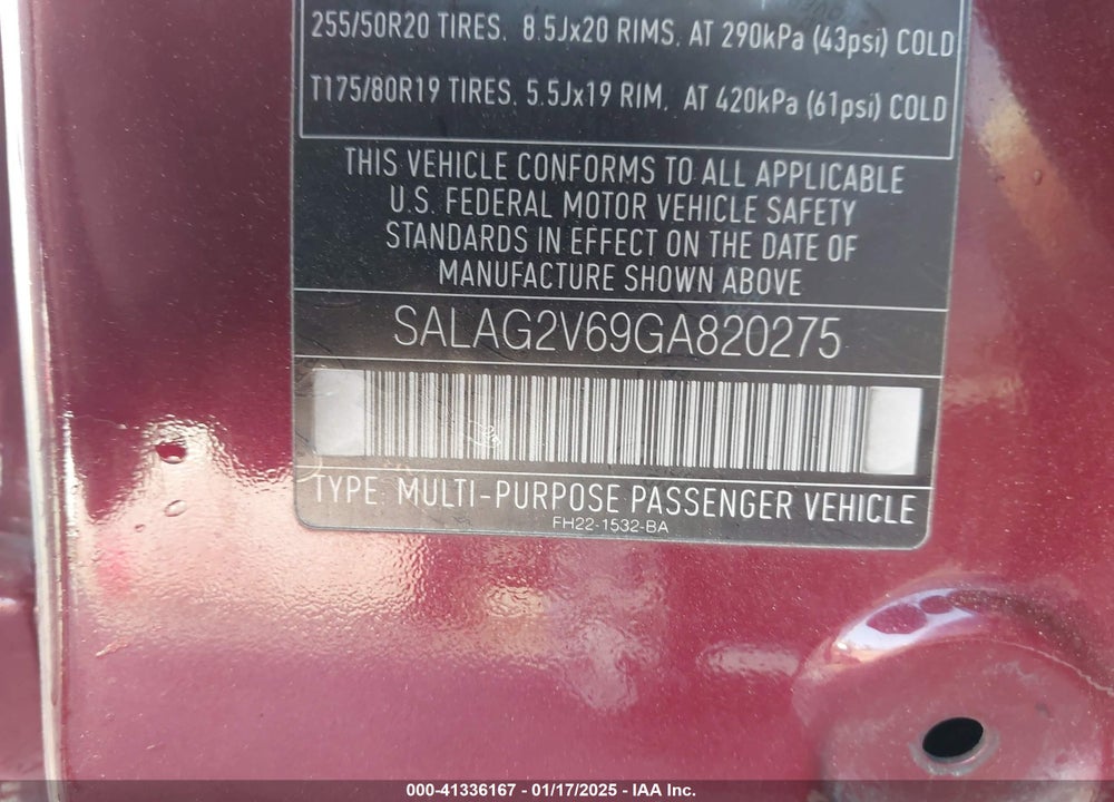 2016 LAND ROVER LR4 VIN: SALAG2V69GA820275