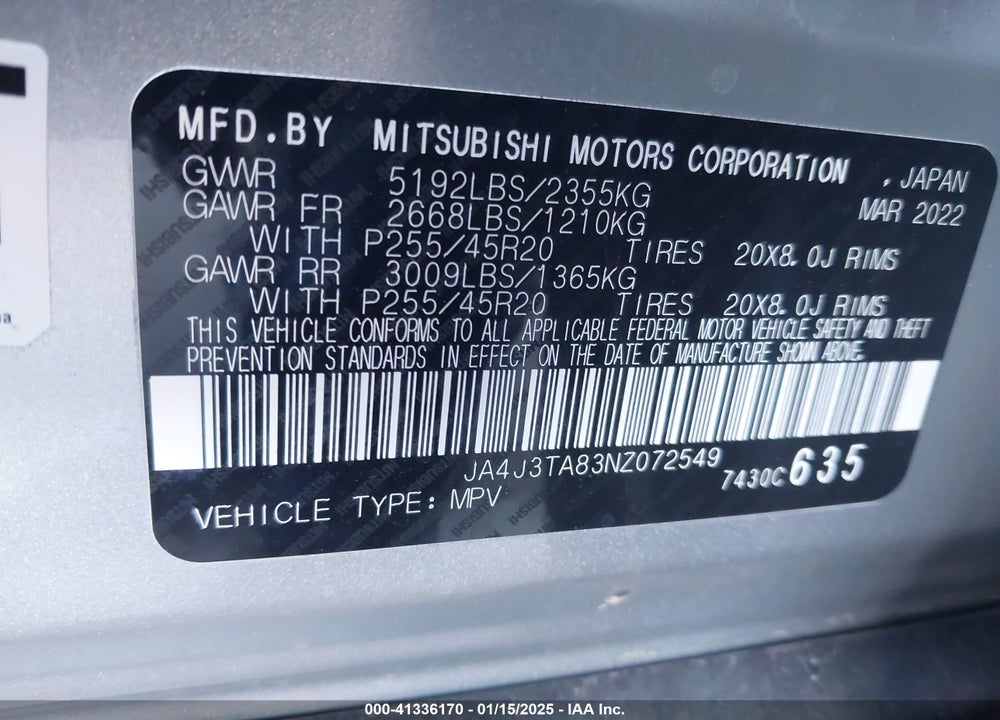 2022 MITSUBISHI OUTLANDER ES 2.5 2WD VIN: JA4J3TA83NZ072549