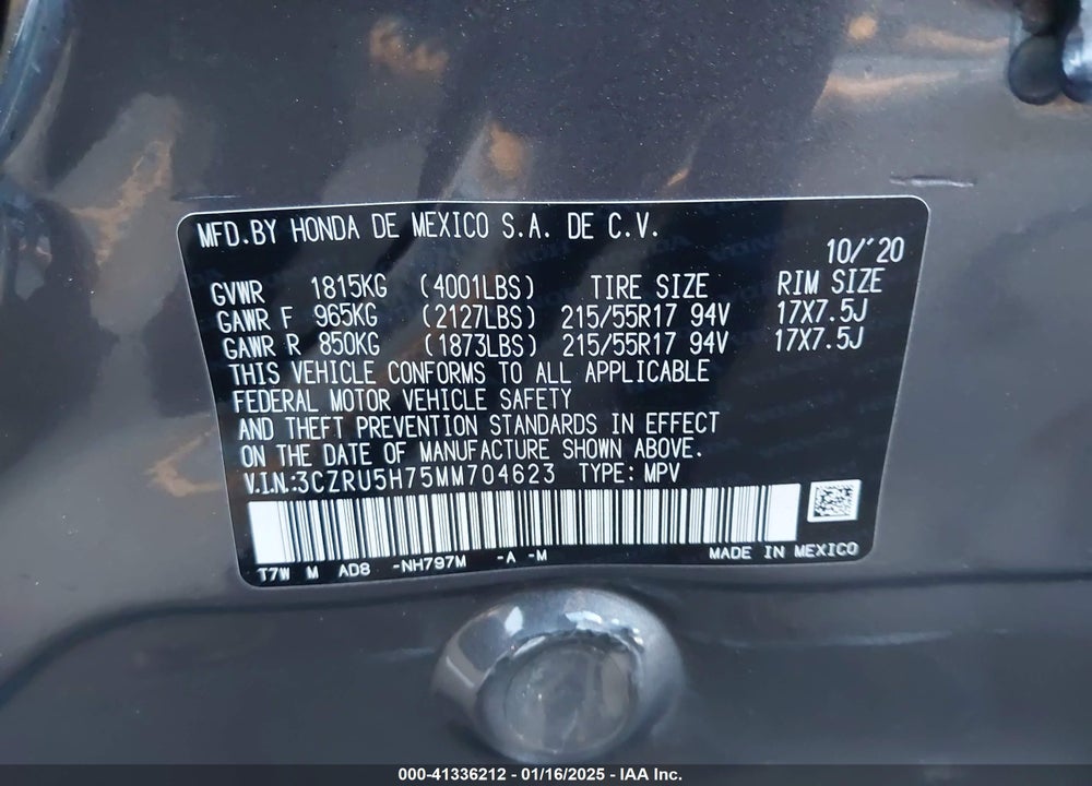 2021 HONDA HR-V 2WD EX-L VIN: 3CZRU5H75MM704623