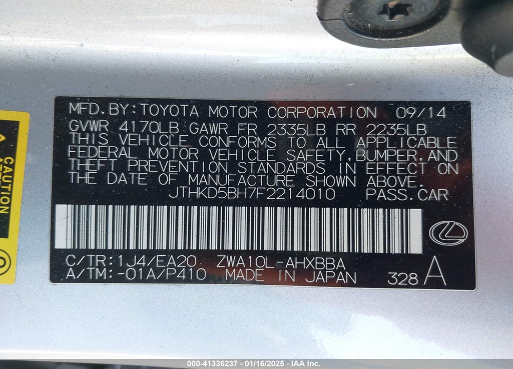 2015 LEXUS CT 200H VIN: JTHKD5BH7F2214010