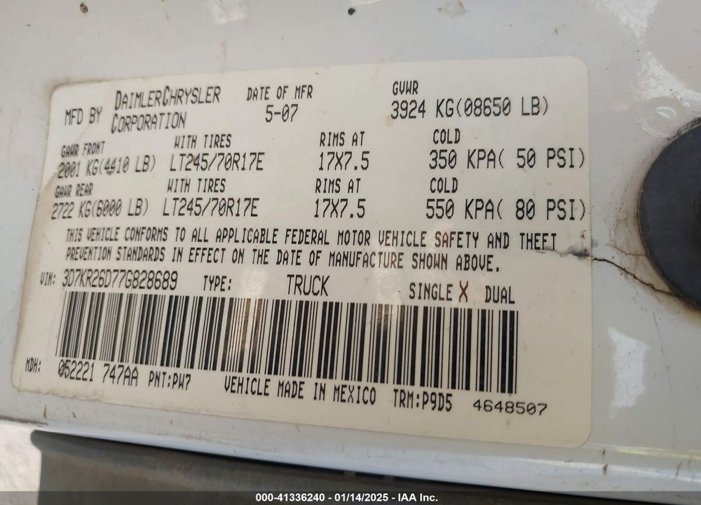 2007 DODGE RAM 2500 VIN: 3D7KR26D77G828689
