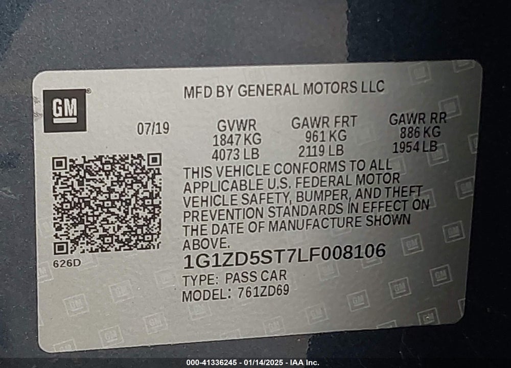 2020 CHEVROLET MALIBU VIN: 1G1ZD5ST7LF008106