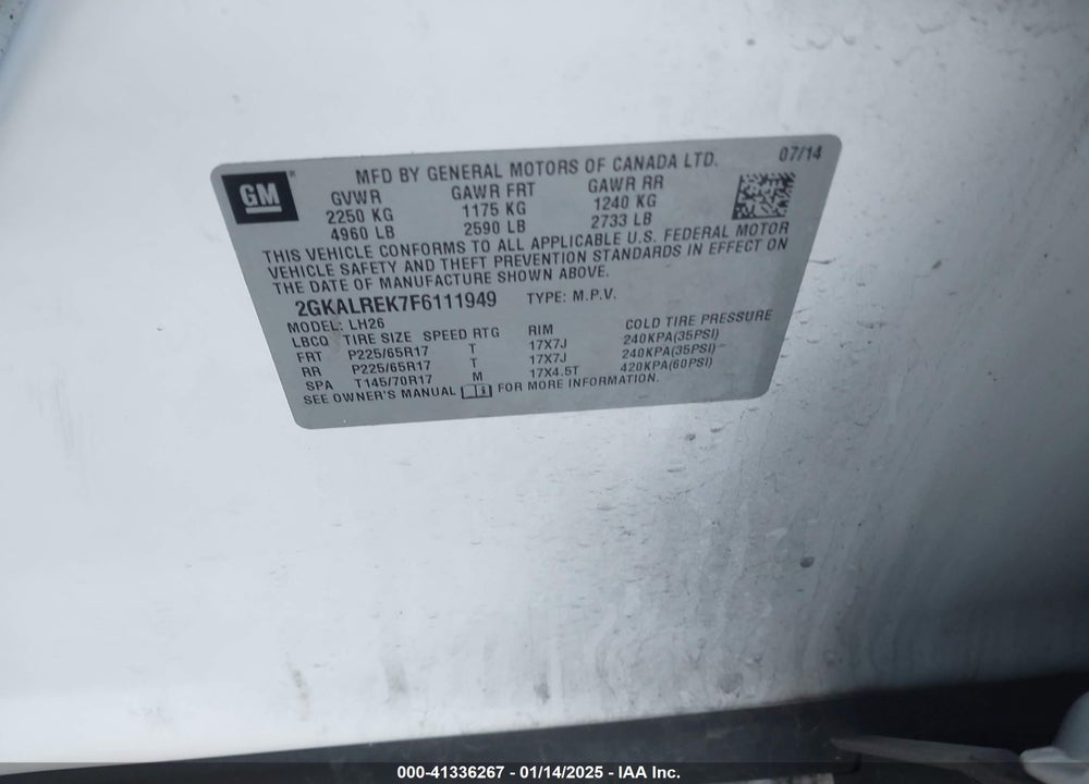 2015 GMC TERRAIN SLE-2 VIN: 2GKALREK7F6111949