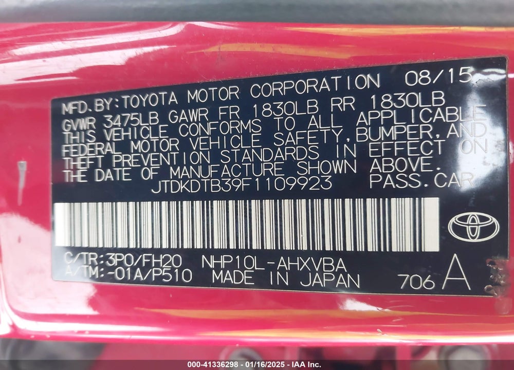 2015 TOYOTA PRIUS C ONE VIN: JTDKDTB39F1109923
