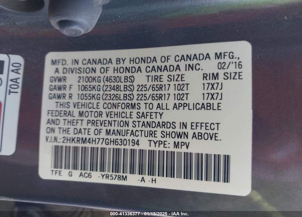 2016 HONDA CR-V EX-L VIN: 2HKRM4H77GH630194
