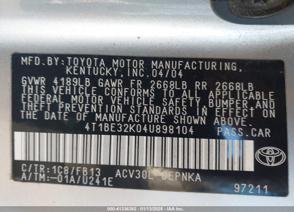 2004 TOYOTA CAMRY LE VIN: 4T1BE32K04U898104
