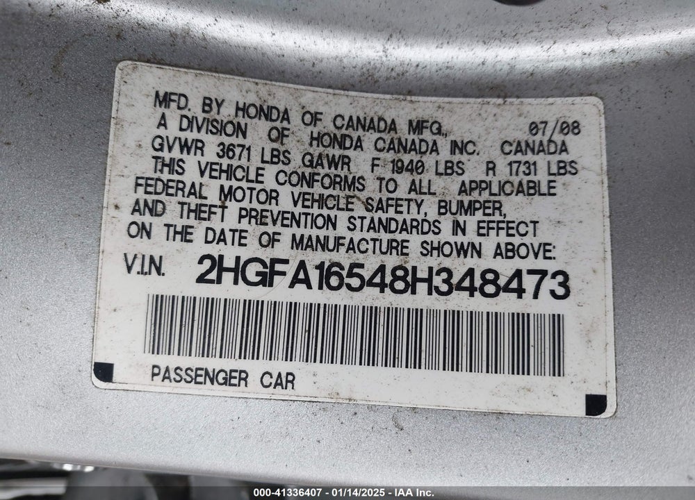 2008 HONDA CIVIC LX VIN: 2HGFA16548H348473