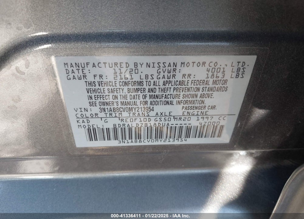 2021 NISSAN SENTRA VIN: 3N1AB8CV0MY213954