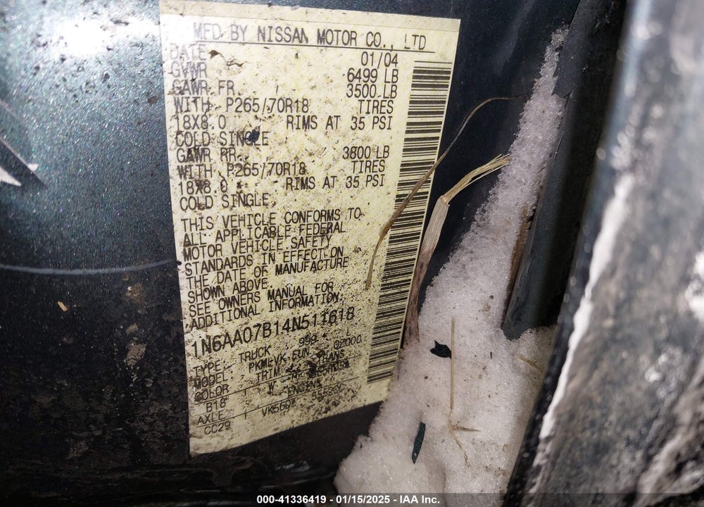 2004 NISSAN TITAN LE VIN: 1N6AA07B14N511618