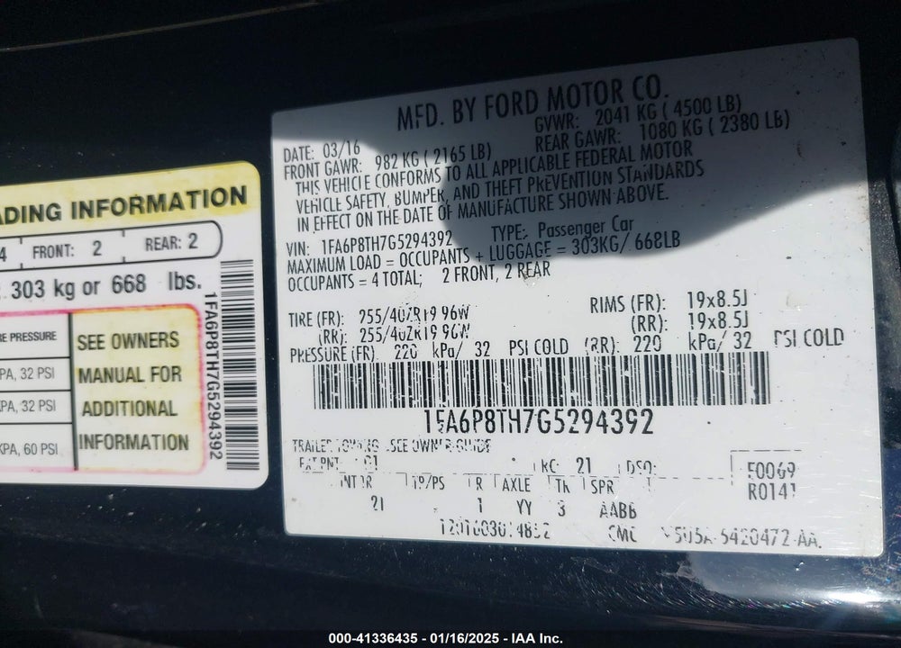 2016 FORD MUSTANG VIN: 1FA6P8TH7G5294392