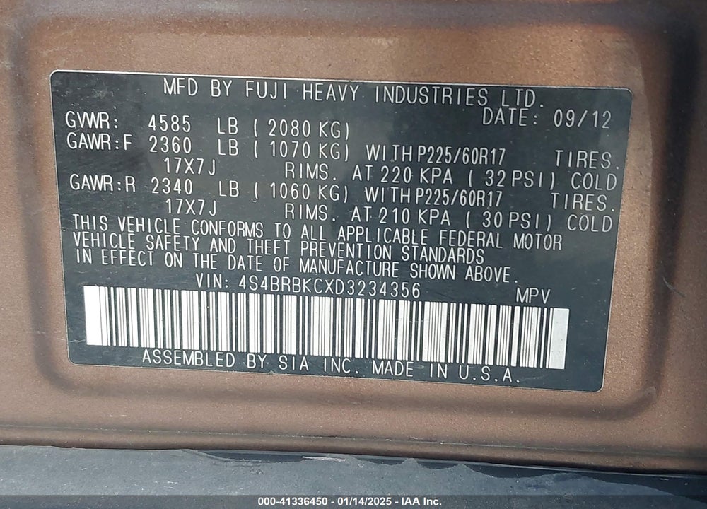 2013 SUBARU OUTBACK 2.5I LIMITED VIN: 4S4BRBKCXD3234356