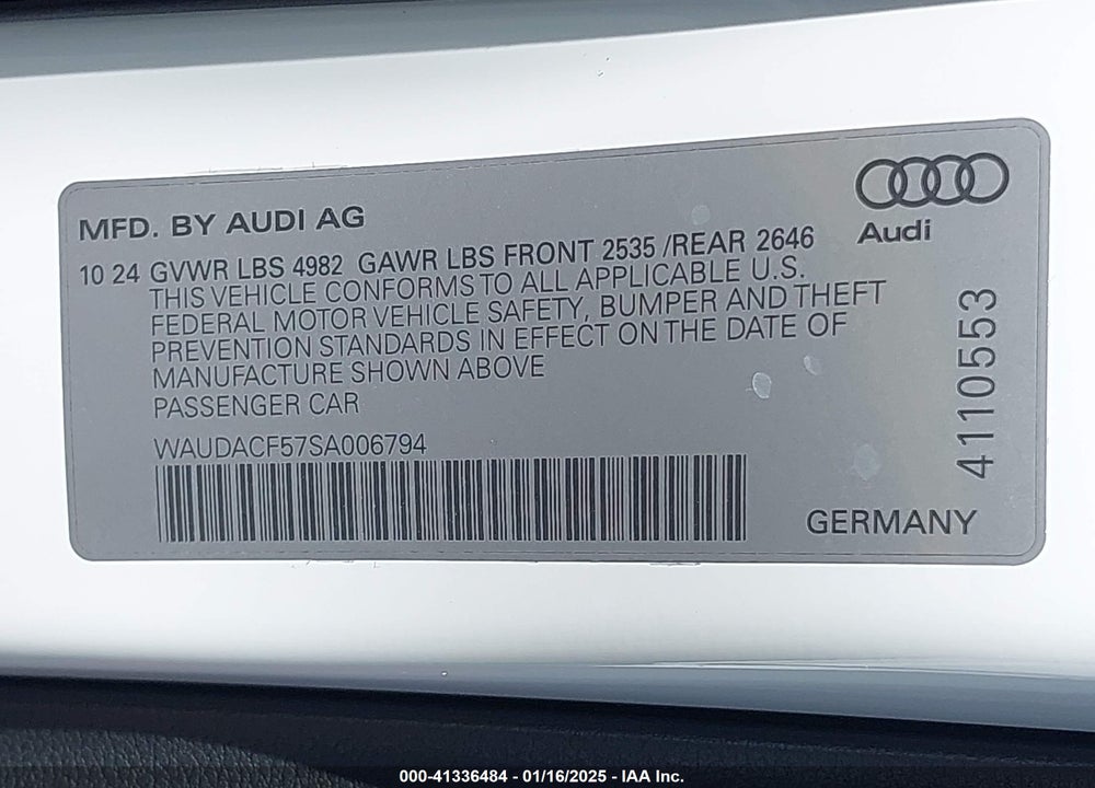 2025 AUDI A5 SPORTBACK PREMIUM 45 TFSI S LINE QUATTRO S TRONIC VIN: WAUDACF57SA006794