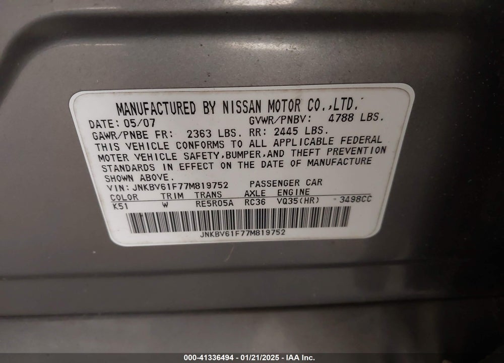 2007 INFINITI G35X VIN: JNKBV61F77M819752