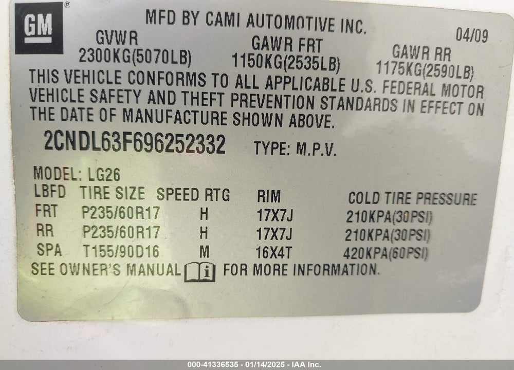 2009 CHEVROLET EQUINOX LT VIN: 2CNDL63F696252332