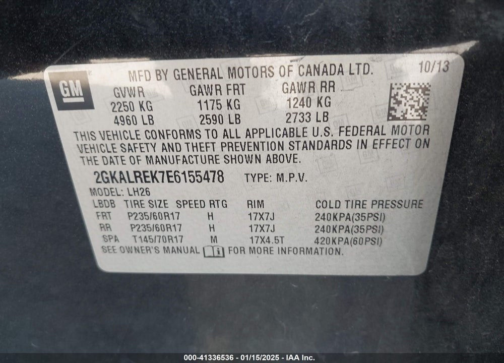 2014 GMC TERRAIN SLE-2 VIN: 2GKALREK7E6155478