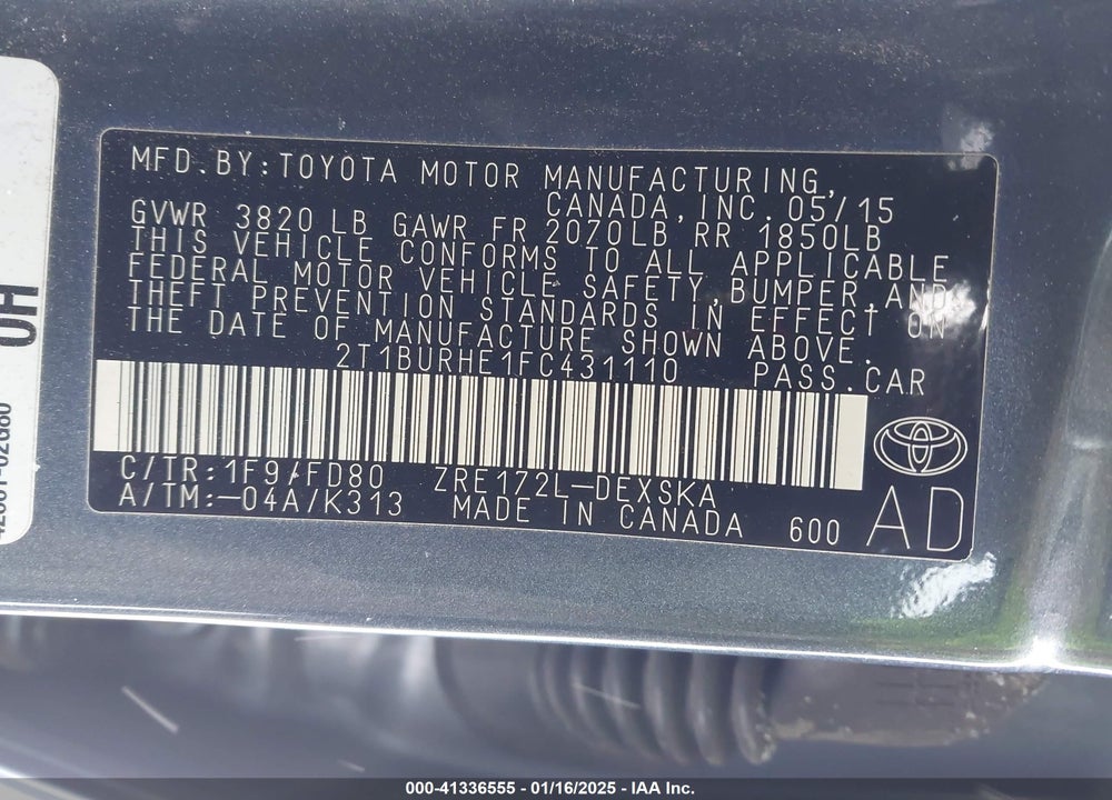 2015 TOYOTA COROLLA S PLUS VIN: 2T1BURHE1FC431110