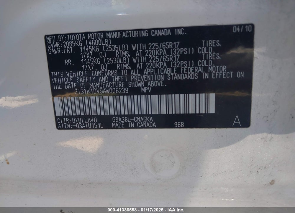 2010 TOYOTA RAV4 VIN: 2T3YK4DV9AW006239