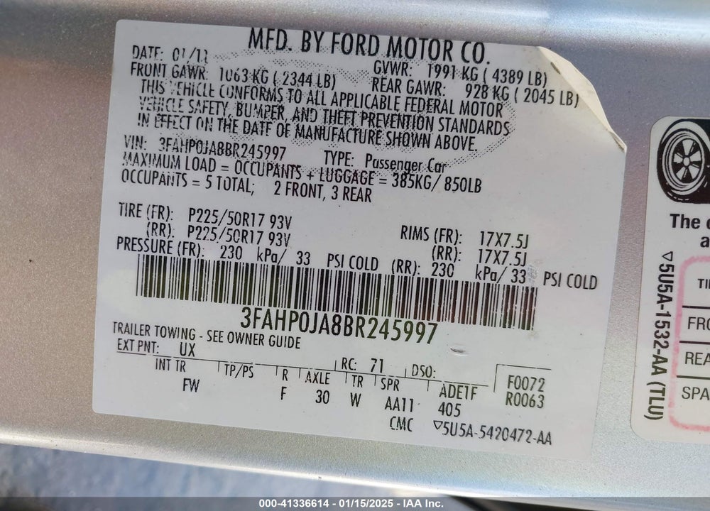 2011 FORD FUSION VIN: 3FAHP0JA8BR245997