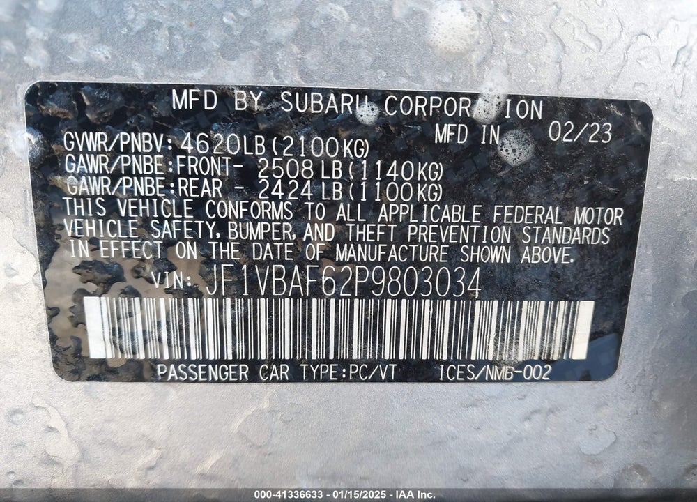 2023 SUBARU WRX VIN: JF1VBAF62P9803034