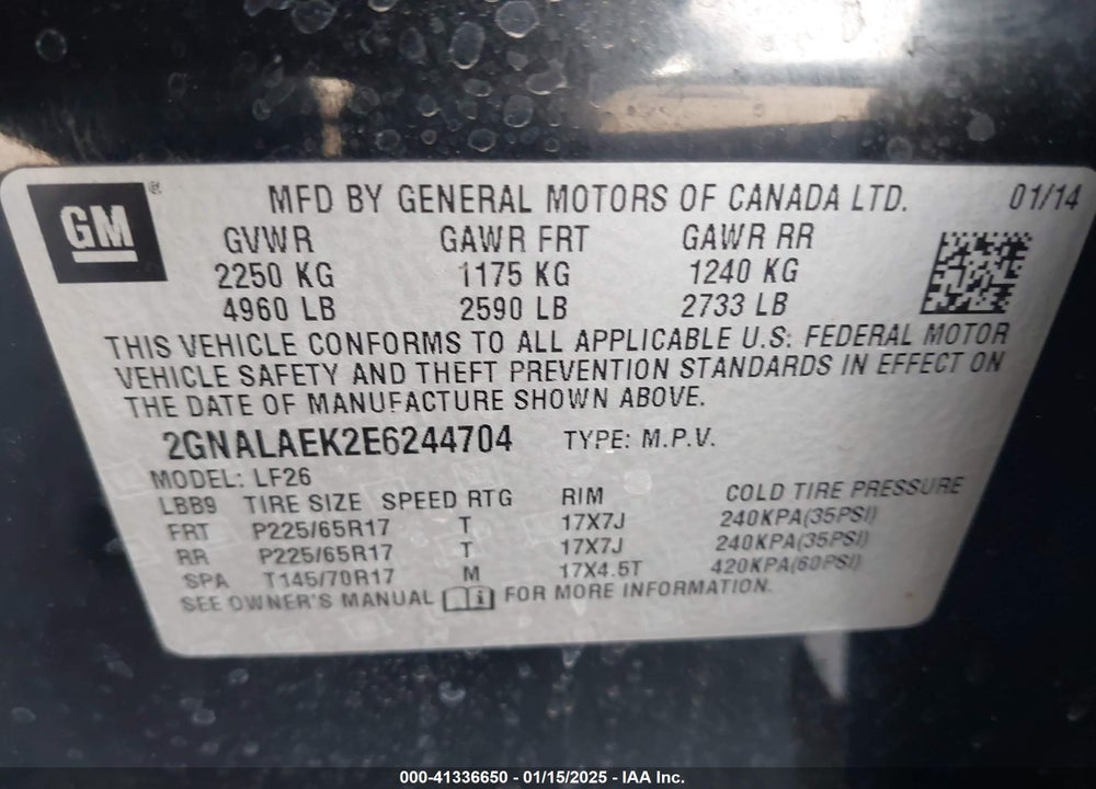 2014 CHEVROLET EQUINOX LS VIN: 2GNALAEK2E6244704