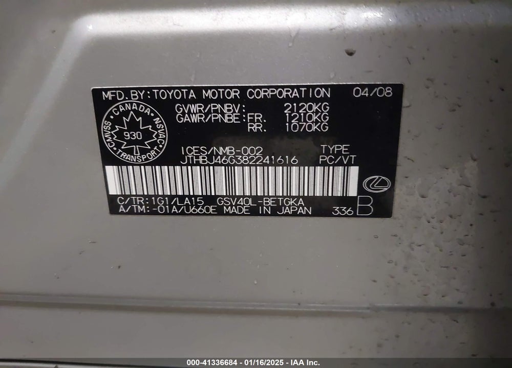 2008 LEXUS ES 350 VIN: JTHBJ46G382241616