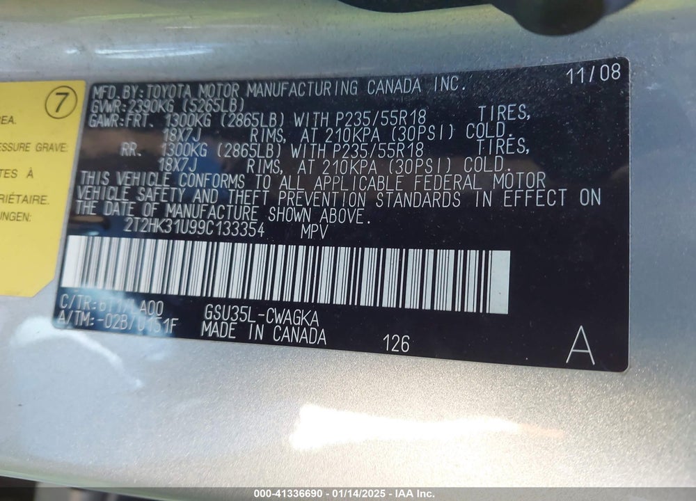 2009 LEXUS RX 350 VIN: 2T2HK31U99C133354