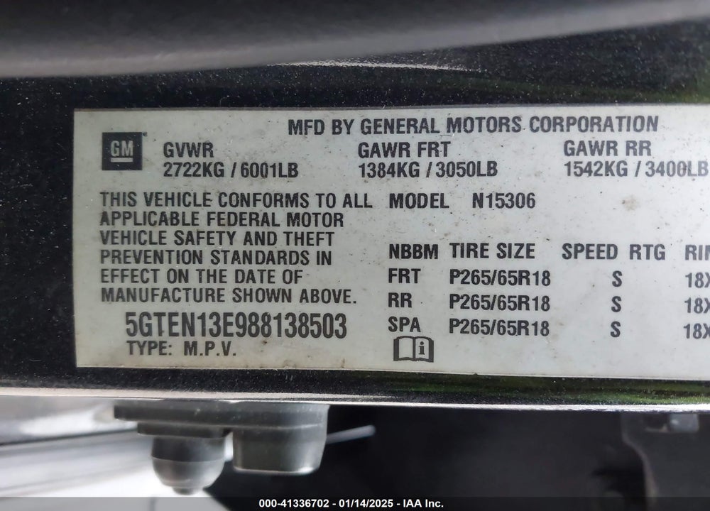 2008 HUMMER H3 SUV H3X VIN: 5GTEN13E988138503