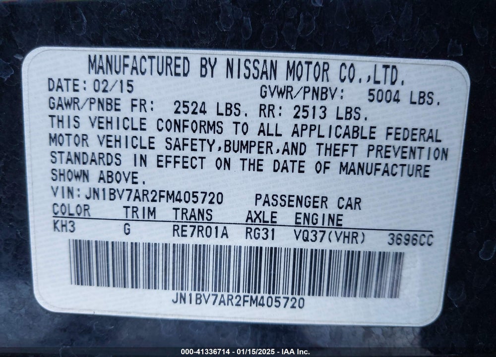 2015 INFINITI Q50 VIN: JN1BV7AR2FM405720