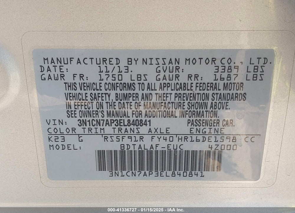 2014 NISSAN VERSA VIN: 3N1CN7AP3EL840841