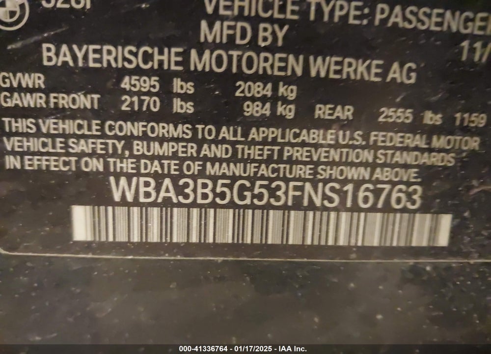 2015 BMW 328I VIN: WBA3B5G53FNS16763