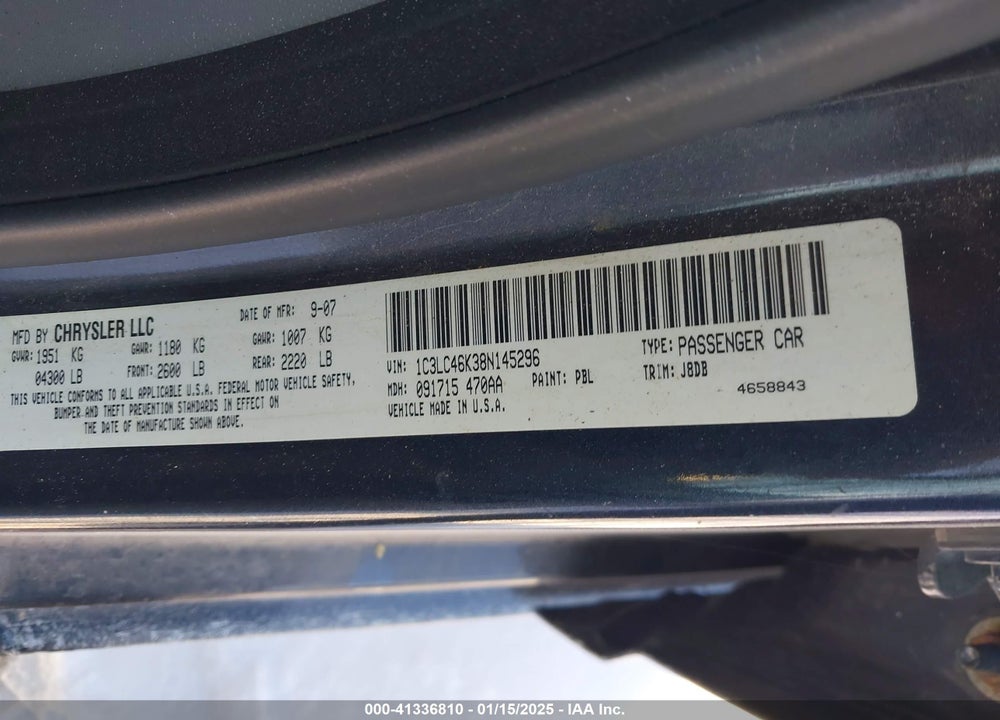 2008 CHRYSLER SEBRING LX VIN: 1C3LC46K38N145296