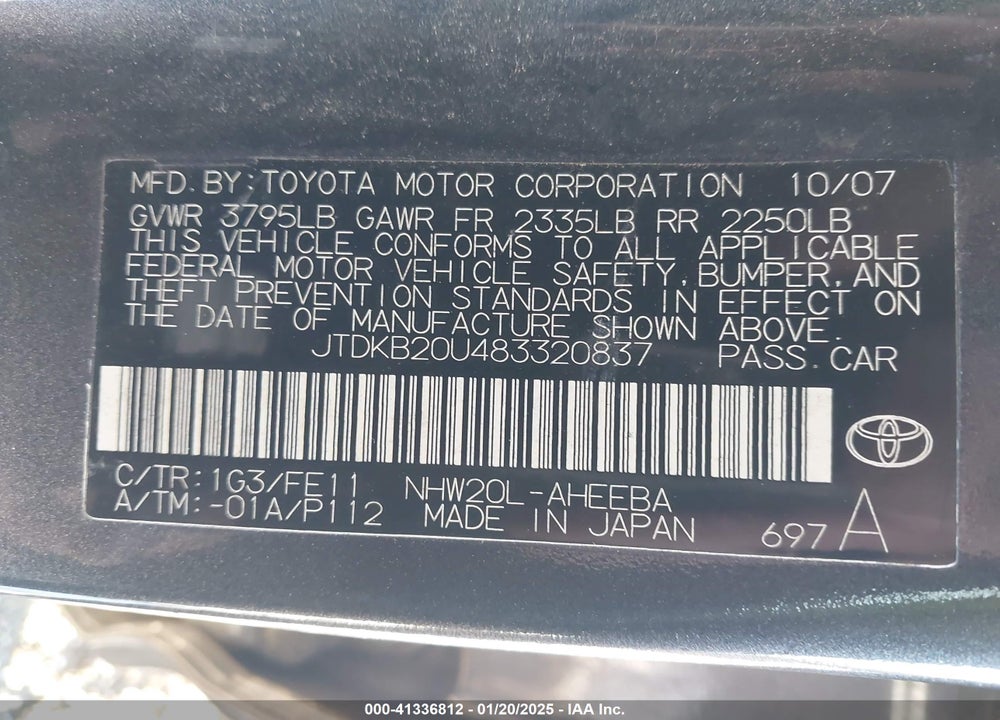 2008 TOYOTA PRIUS TOURING VIN: JTDKB20U483320837