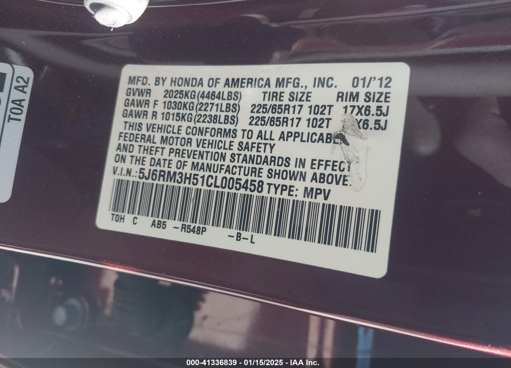 2012 HONDA CR-V EX VIN: 5J6RM3H51CL005458