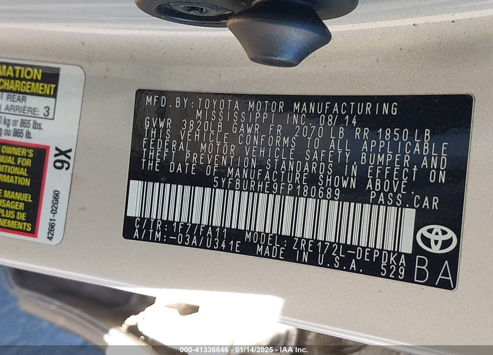2015 TOYOTA COROLLA L VIN: 5YFBURHE9FP180689